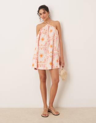 ASOS DESIGN - Trapezförmiges Minikleid aus Baumwolle mit Print-Bunt