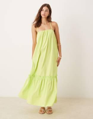 ASOS DESIGN - Trapezförmiges Popeline-Maxikleid in Limettengrün mit Camisole-Trägern und Bindeband hinten