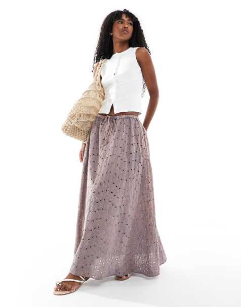 ASOS DESIGN floral broderie a line midi skirt in acid wash