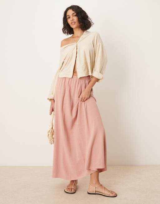 ASOS DESIGN – Trapezowa sukienka maxi z domieszką lnu w kolorze pudrowego różu