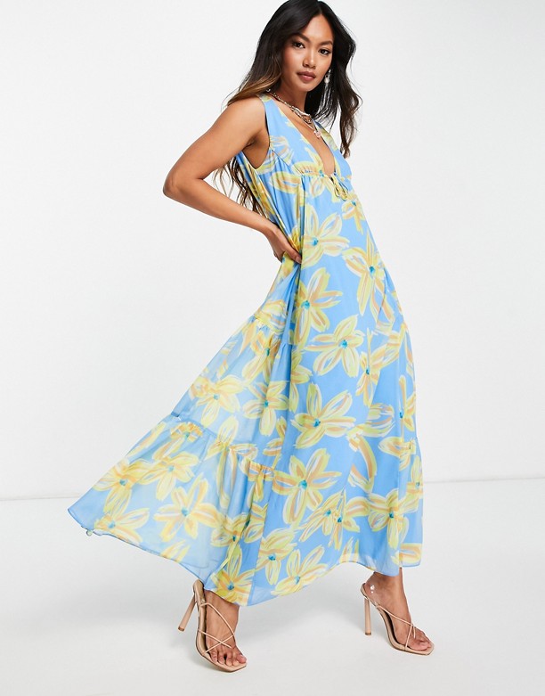 ASOS DESIGN – Trapezowa sukienka maxi z falbanką w kwiatowy wzÓr w stylu lat 70. BRUSHWORK FLORAL Koszt 