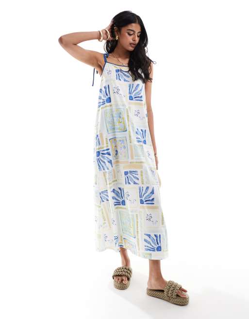 ASOS DESIGN – Trapezowa sukienka maxi z kontrastowymi ramiączkami w letni kafelkowy wzór