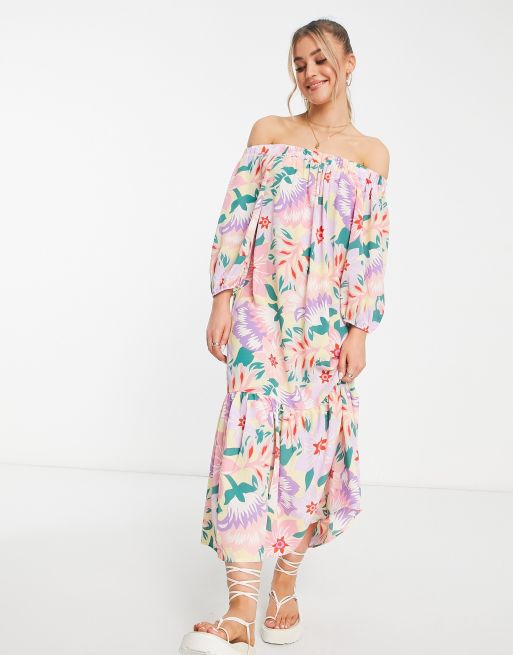 ASOS DESIGN – Trapezowa sukienka maxi z odsłoniętymi ramionami i falbanką na dole w kwiatowy wzór 