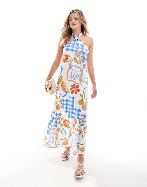 ASOS DESIGN – Trapezowa sukienka midi z dekoltem halter z ozdobnym węzłem w pocztówkowy wzór