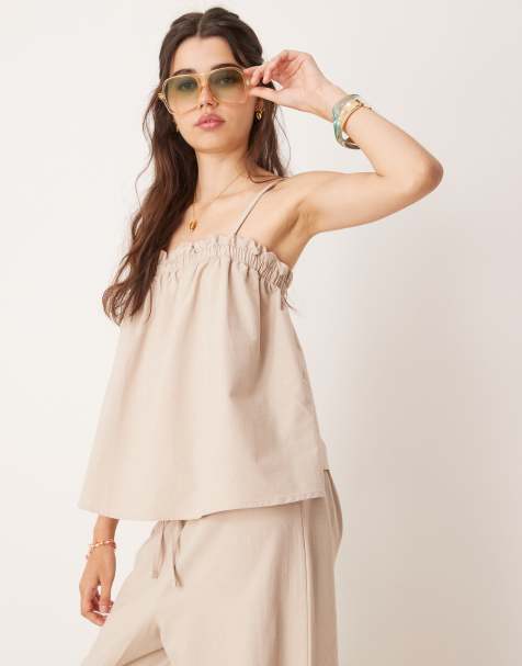 ASOS DESIGN linen blend trapeze cami top in ecru