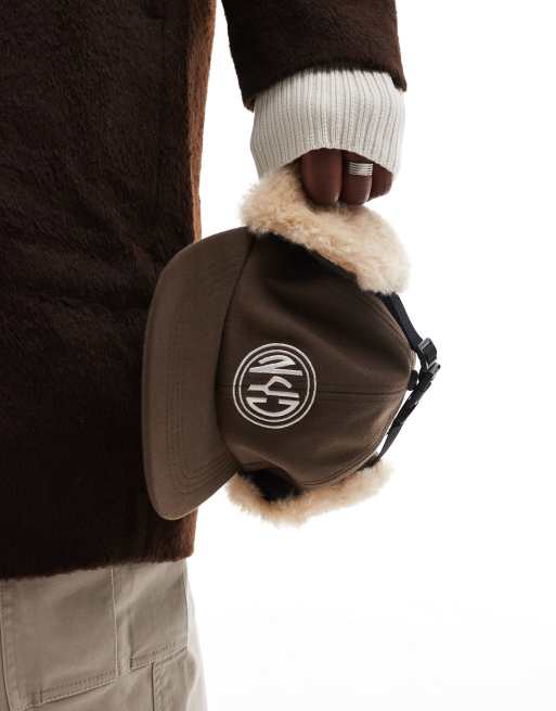 ASOS DESIGN trapper cap with embroidery detail in brown and ecru, 4 of 4