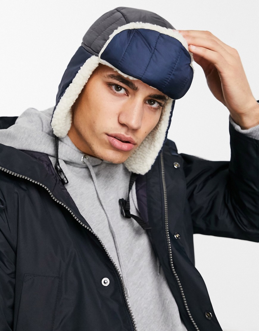 Asos Design Trapper Hat In Navy Nylon And Teddy Mix