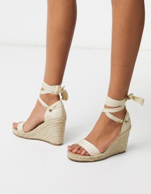 ASOS DESIGN Treat tie leg espadrille wedge sandals in natural-Neutral