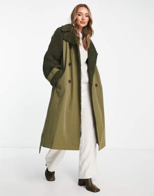 ASOS DESIGN borg spliced trench coat in khaki  - ASOS Price Checker