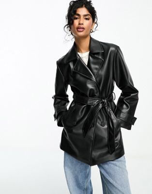 ASOS DESIGN short faux leather trench coat in black  - ASOS Price Checker