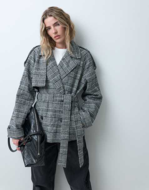 ASOS DESIGN trench-coat habillé court à épaules marquées à carreaux noir et blanc - view 1