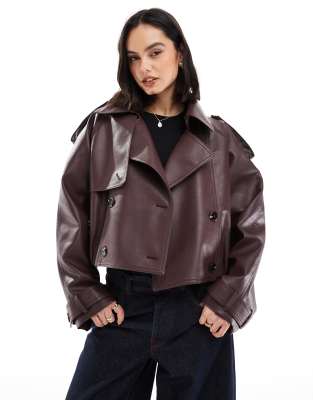 ASOS DESIGN - Trench-coat style bomber imitation cuir - Chocolat
