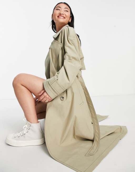 ASOS DESIGN trench coat with contrast stitch in sage