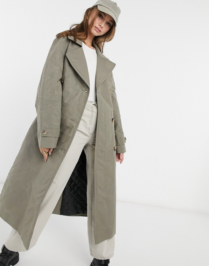 Asos Design Trench Coat With Contrast Stitching In Sage-green