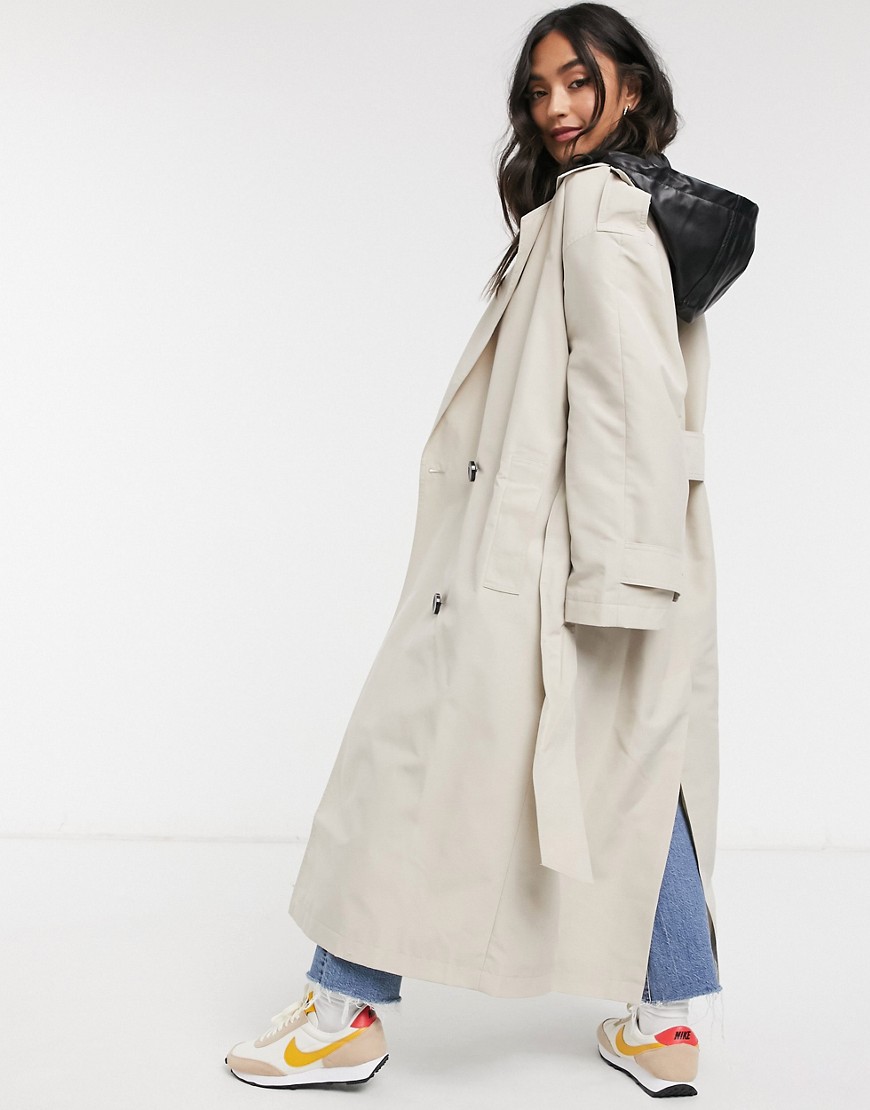ASOS DESIGN trench coat with detachable leather look hood in stone-Beige