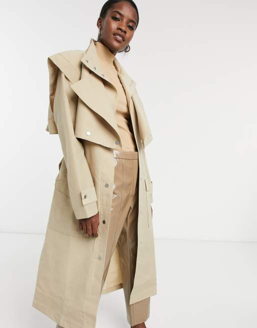 ASOS DESIGN trench coat with double layer detailing in stone