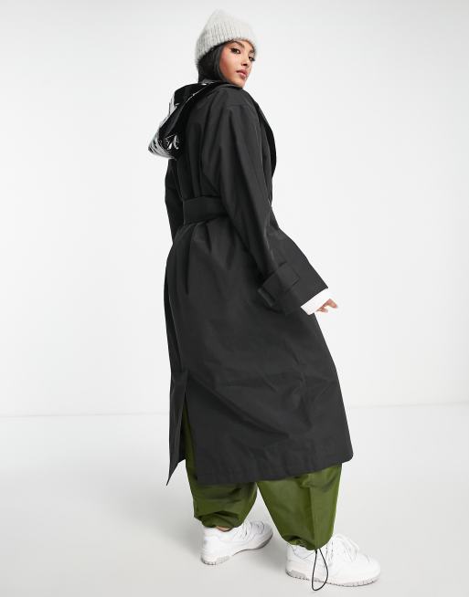 ASOS DESIGN trench coat with faux leather hood in black, 2 of 4