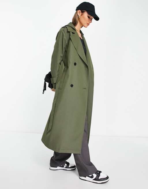 Khaki Woven Hooded Trench Coat, Outerwear