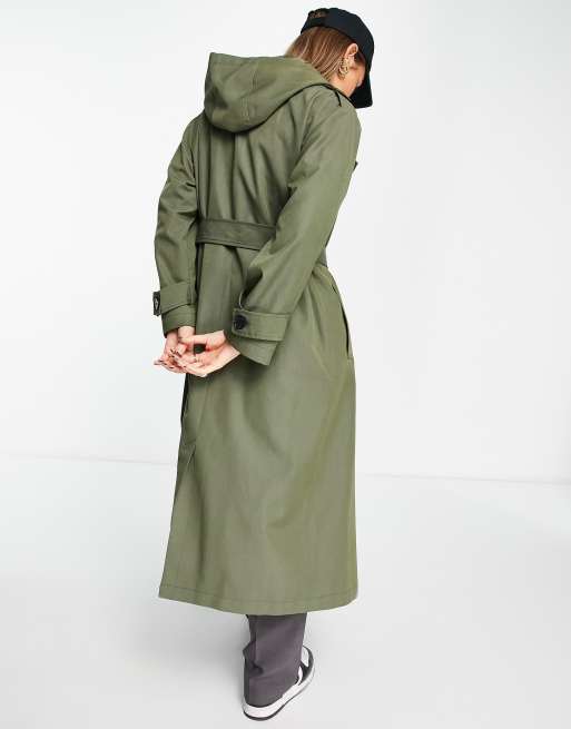 ASOS DESIGN trench coat with hood in khaki