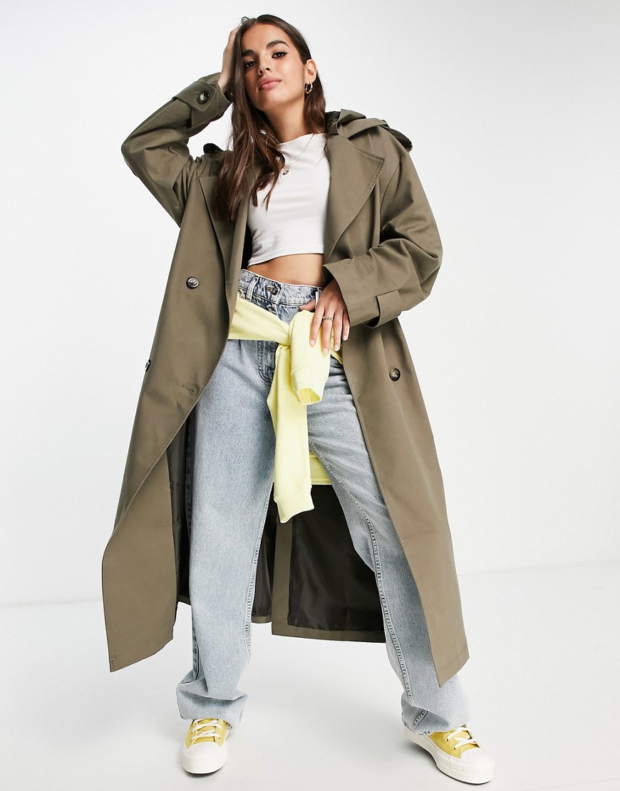 Asos Design Trench Coat With Hood In Stone-Neutral