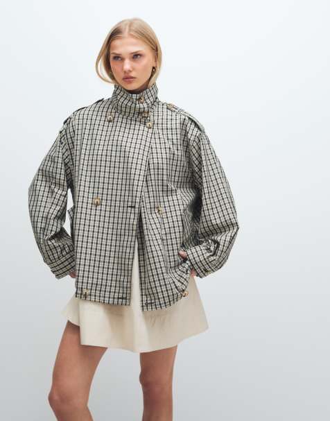 ASOS DESIGN - Trench color pietra a quadri con collo a imbuto e bottoni sul davanti - view 1