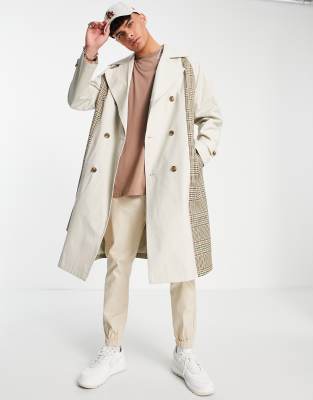 ASOS DESIGN - Trench extra oversize color pietra con pannello a contrasto a quadri