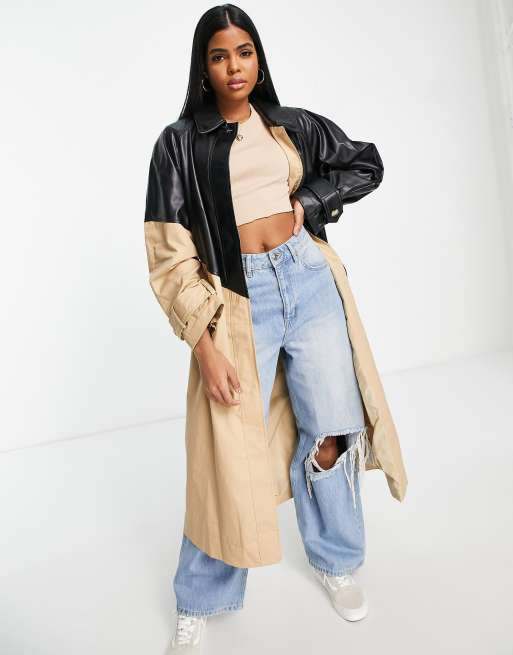 ASOS DESIGN - Trench in pelle sintetica color pietra con design diviso