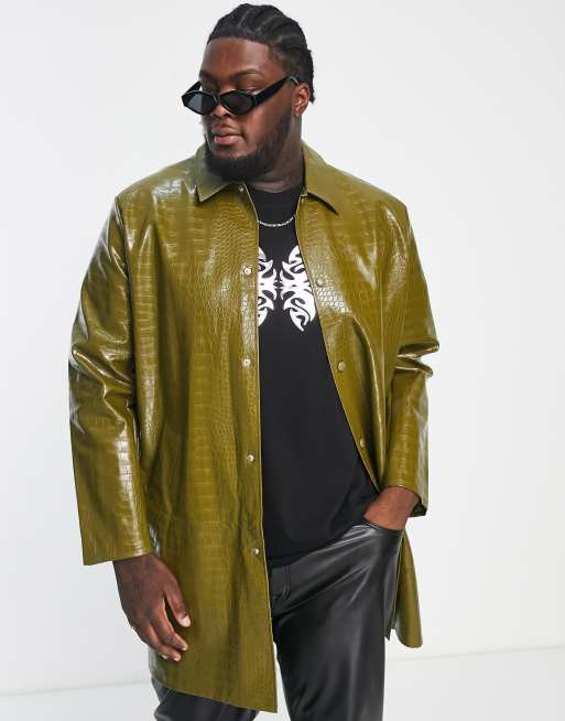 ASOS DESIGN - Trench in pelle sintetica verde effetto coccodrillo, 2 di 4