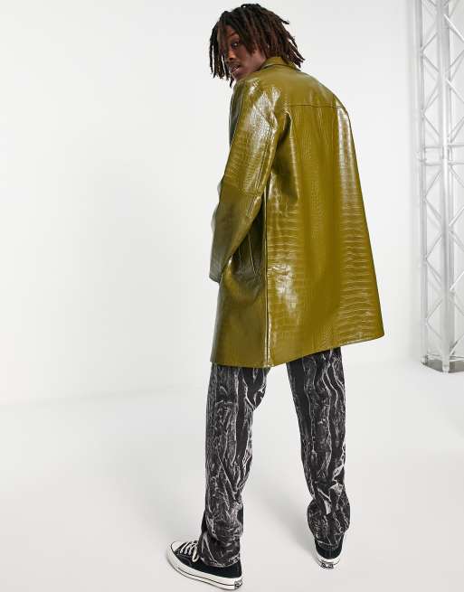 ASOS DESIGN - Trench in pelle sintetica verde effetto coccodrillo, 3 di 4