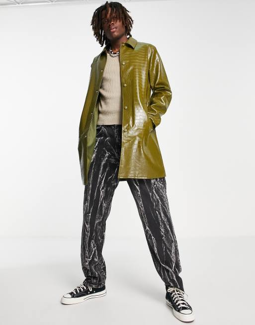 ASOS DESIGN - Trench in pelle sintetica verde effetto coccodrillo, 4 di 4