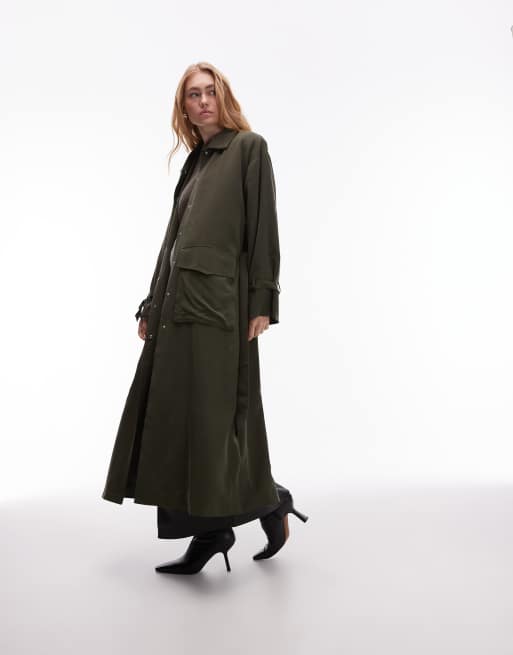 ASOS DESIGN - Trench kaki taglio lungo multitasche con cintura