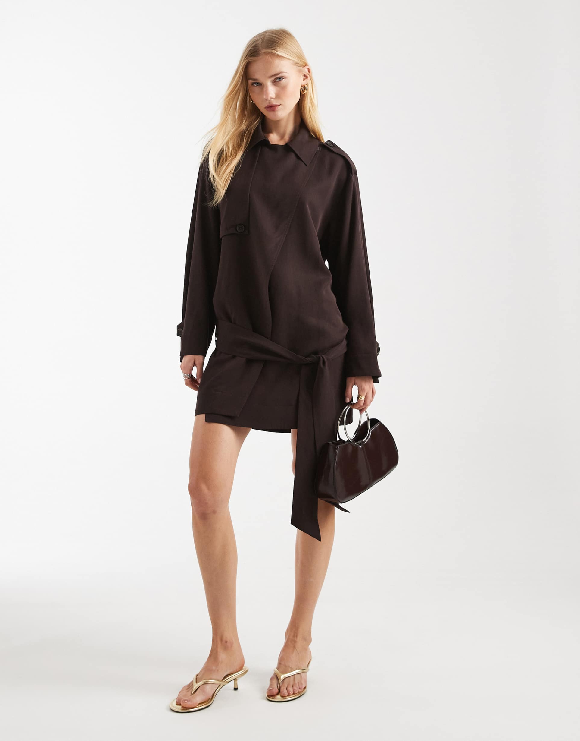 asos design trench mini dress in chocolate brown