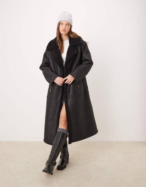 ASOS DESIGN - Trench taglio lungo con profili doppiati in pile borg nero