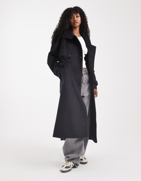 ASOS DESIGN - Trench taglio lungo spazzolato blu navy con collo a imbuto - view 1