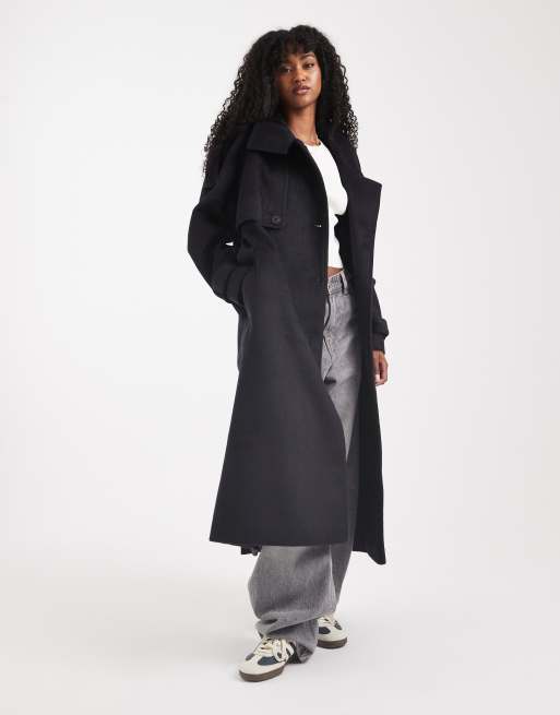ASOS DESIGN - Trench taglio lungo spazzolato blu navy con collo a imbuto