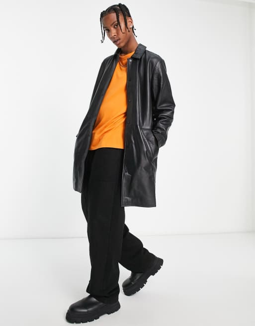 ASOS DESIGN – Trenchcoat aus echtem Leder in Schwarz