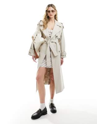 ASOS DESIGN - Trenchcoat aus Leinenmix in Stone-Neutral