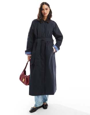 ASOS DESIGN - Trenchcoat in Marineblau mit Cordkragen