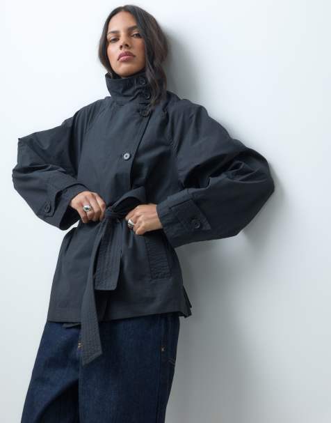 ASOS DESIGN – Trenchcoat in Schwarz mit Bindegürtel und Stehkragen - view 1