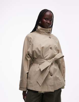 ASOS DESIGN - Trenchcoat in Steinbeige mit Bindegürtel und Trichterkragen-Grün