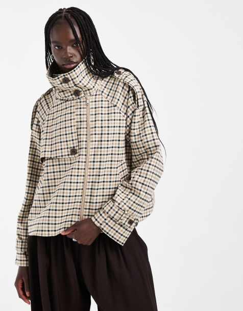 ASOS DESIGN trenchcoat med ståkrage och kort cape i stenfärgad ruta - view 1