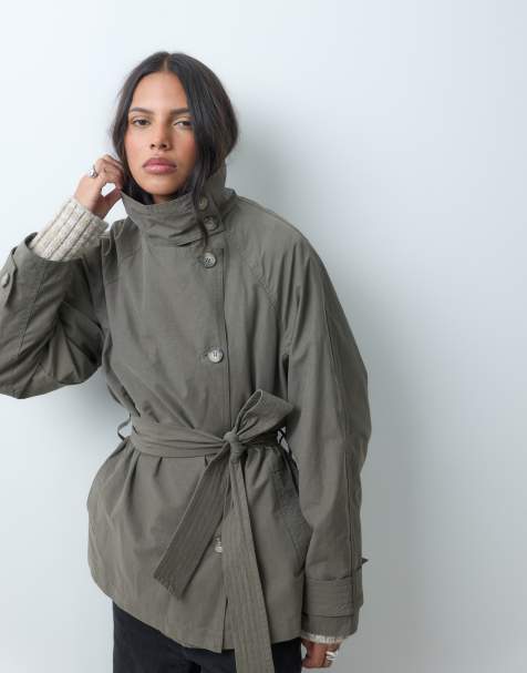 ASOS DESIGN trenchcoat med ståkrage och skärp i mushroom - view 1