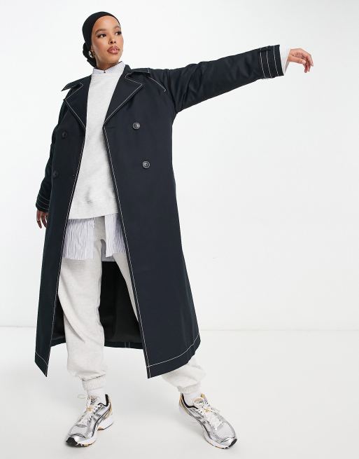 ASOS DESIGN - Trenchcoat met contrasterende stiksels in zwart 