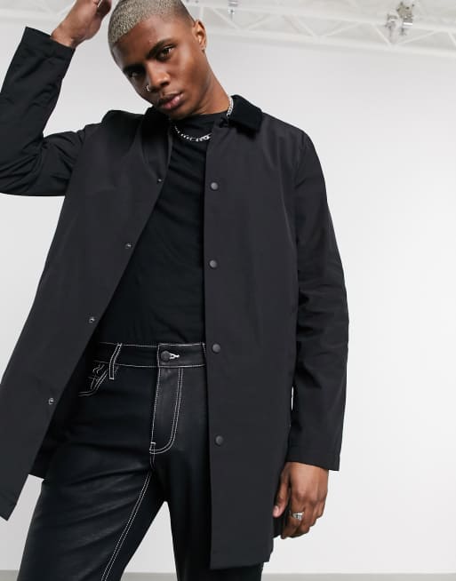 ASOS DESIGN - Trenchcoat met gewaxte afwerking en corduroy kraag in zwart