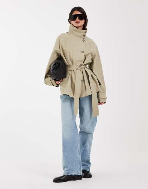 ASOS DESIGN trenchcoat met opstaande boord en strikceintuur in stone - view 1