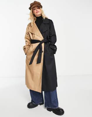 ASOS DESIGN - Trenchcoat mit geteiltem Design in Schwarz und Steinbeige-Bunt