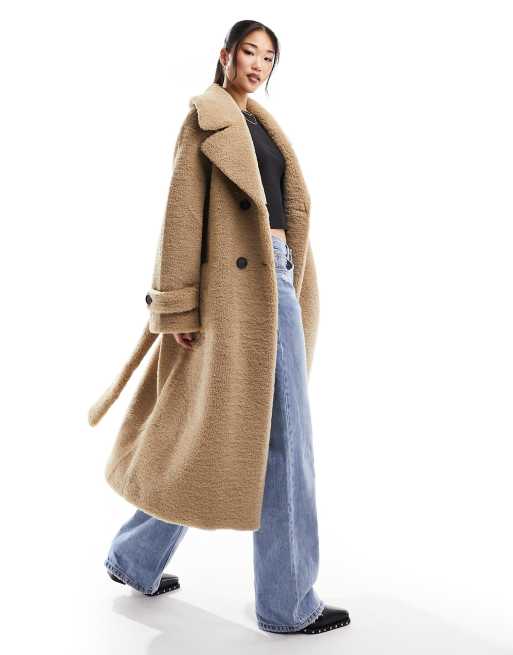 ASOS DESIGN - Trenchcoat van borg met lange pasvorm in lichtbeige