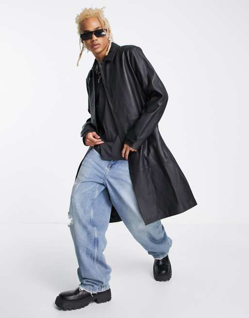 ASOS DESIGN - Trenchcoat van echt leer met lange pasvorm in zwart