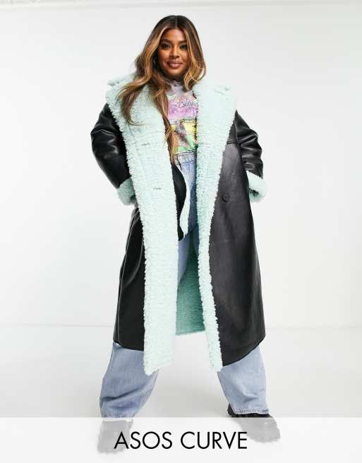 ASOS DESIGN - Trenchcoat van gebonden PU met borgvoering in zwart en mint
