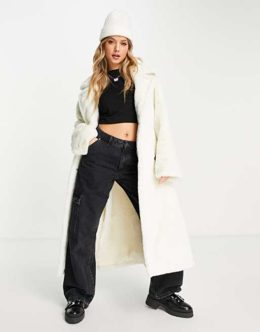 ASOS DESIGN - Trenchcoat van imitatiebont in crème 
